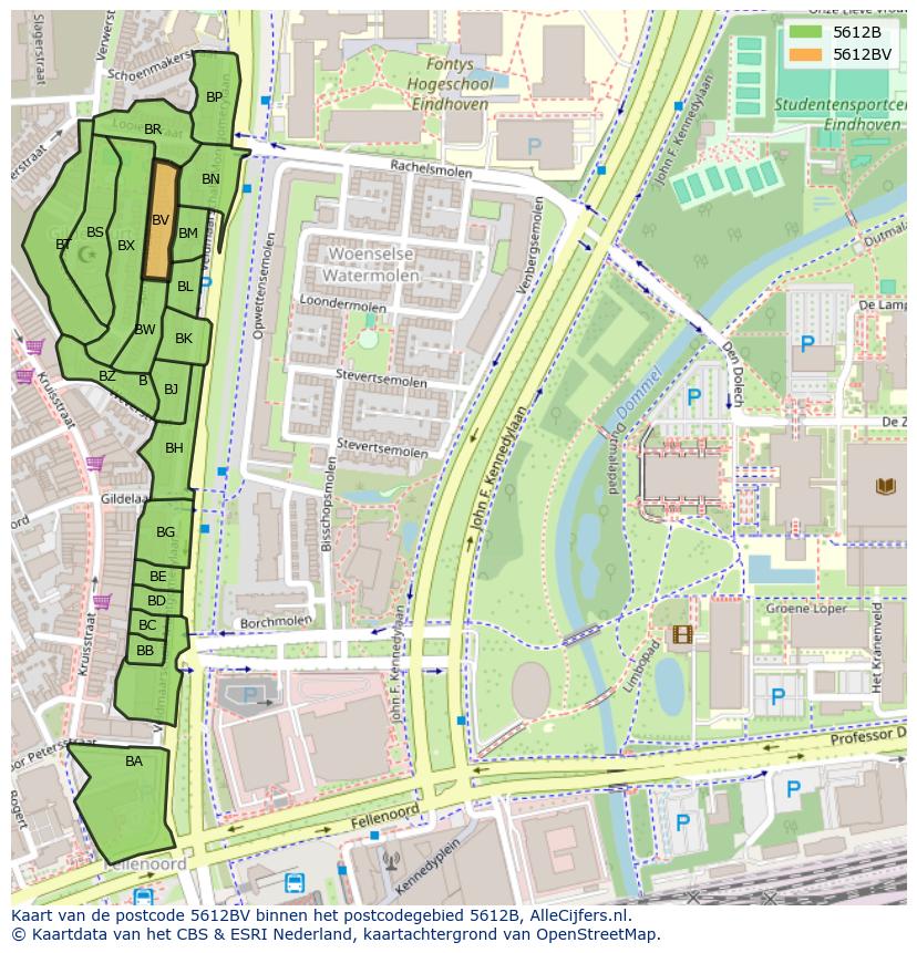 Afbeelding van het postcodegebied 5612 BV op de kaart.