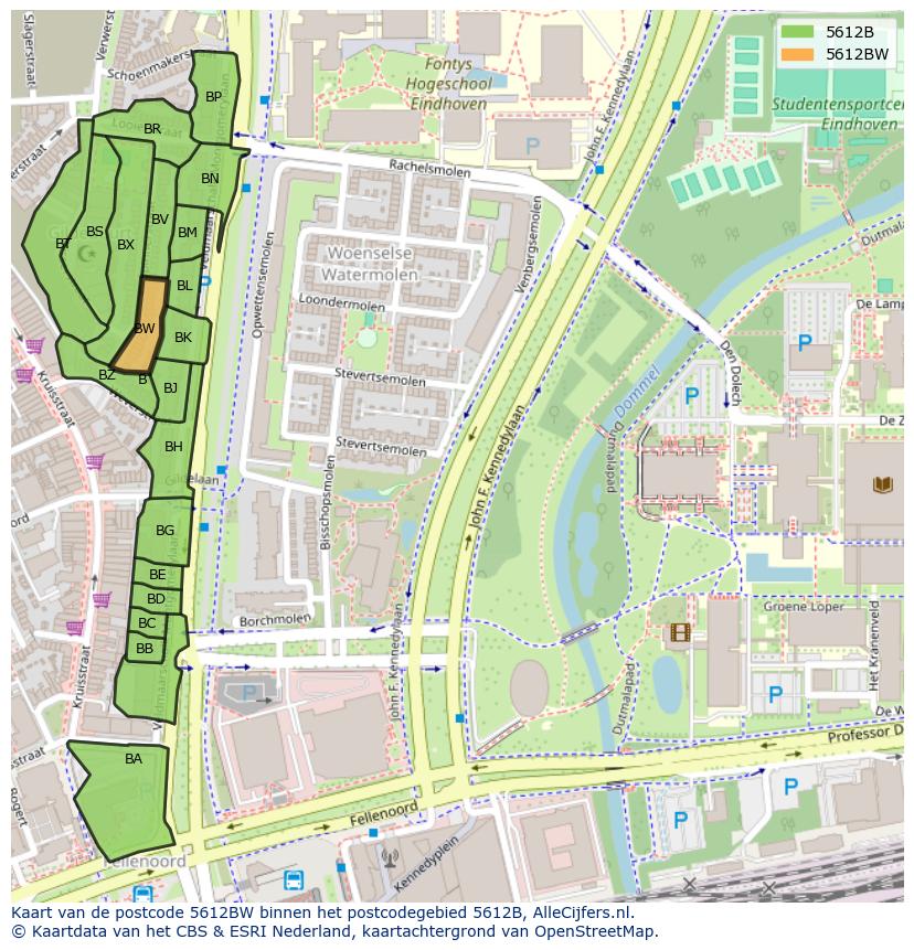 Afbeelding van het postcodegebied 5612 BW op de kaart.