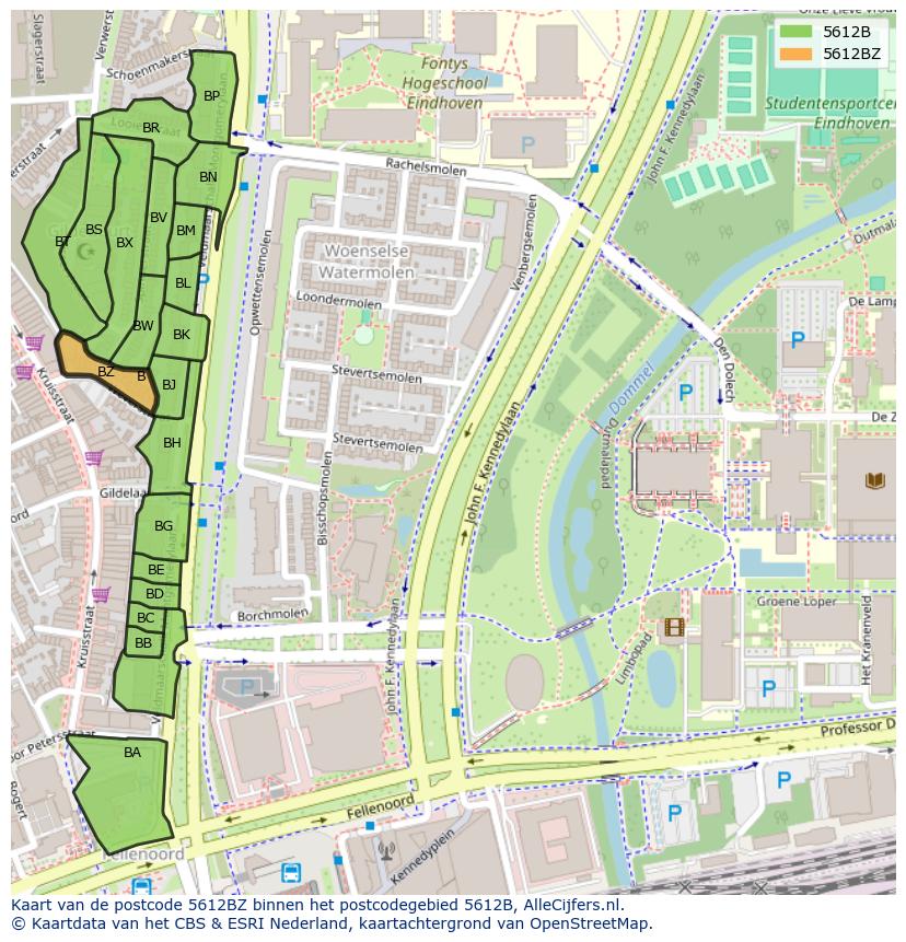 Afbeelding van het postcodegebied 5612 BZ op de kaart.