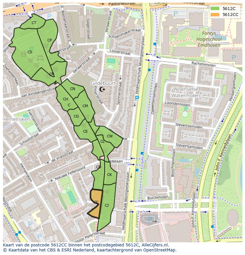 Afbeelding van het postcodegebied 5612 CC op de kaart.