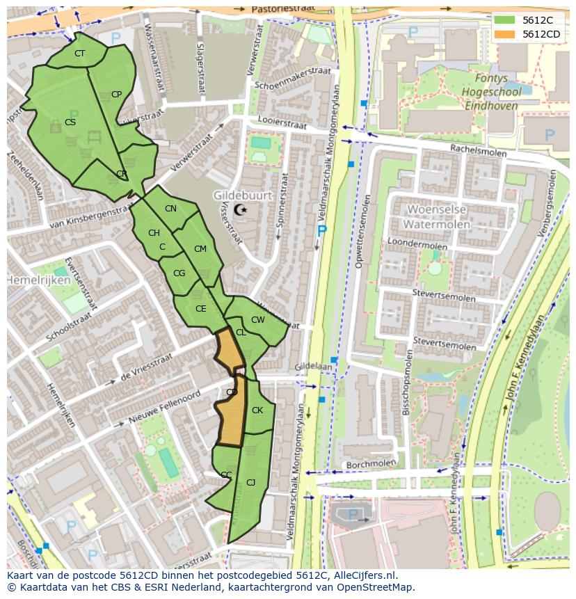 Afbeelding van het postcodegebied 5612 CD op de kaart.