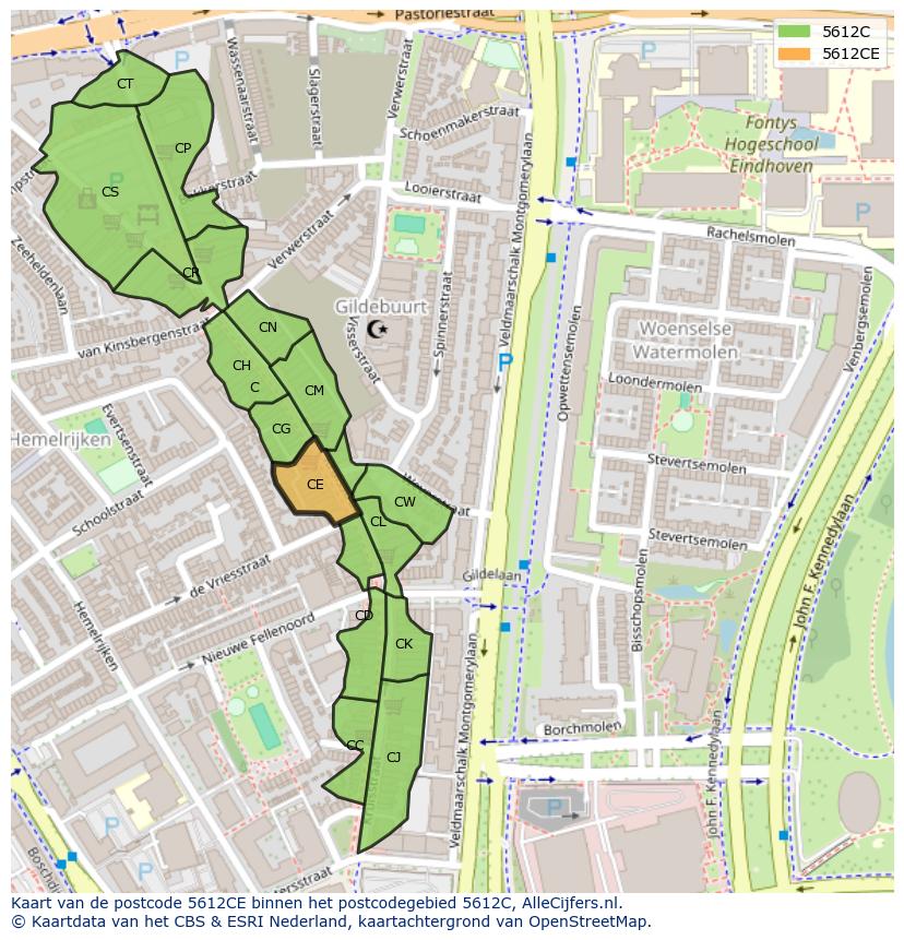 Afbeelding van het postcodegebied 5612 CE op de kaart.