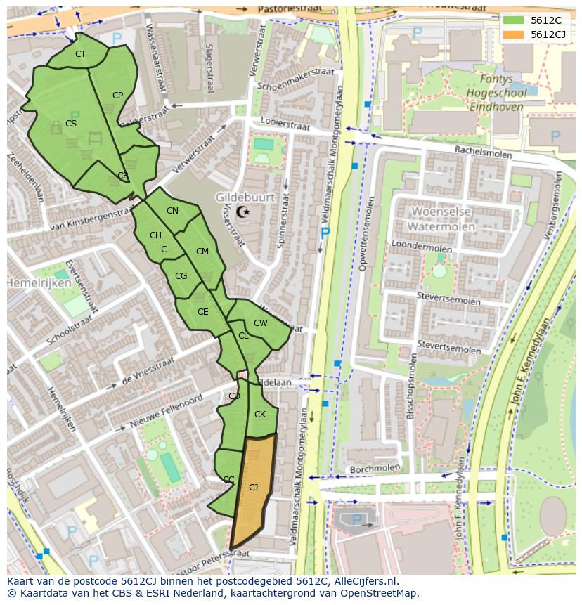 Afbeelding van het postcodegebied 5612 CJ op de kaart.