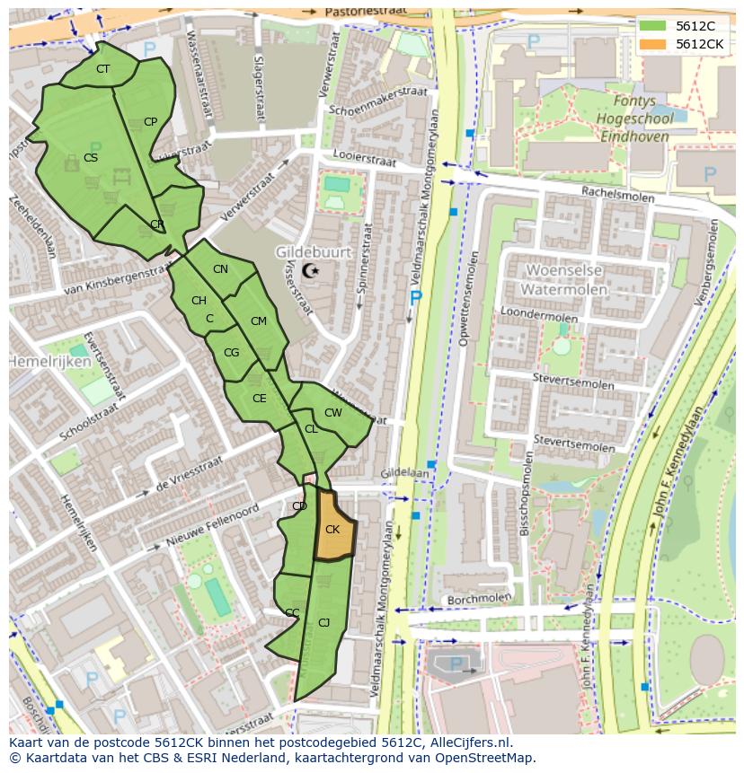 Afbeelding van het postcodegebied 5612 CK op de kaart.