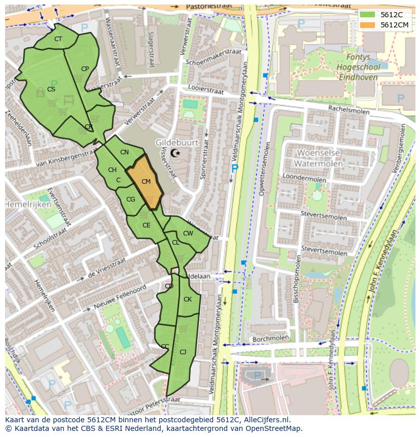 Afbeelding van het postcodegebied 5612 CM op de kaart.