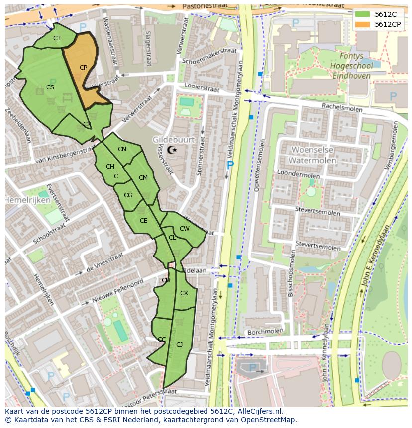 Afbeelding van het postcodegebied 5612 CP op de kaart.