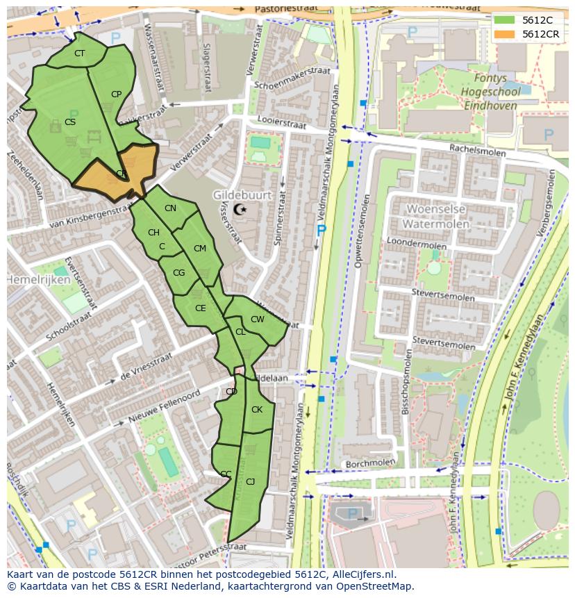 Afbeelding van het postcodegebied 5612 CR op de kaart.