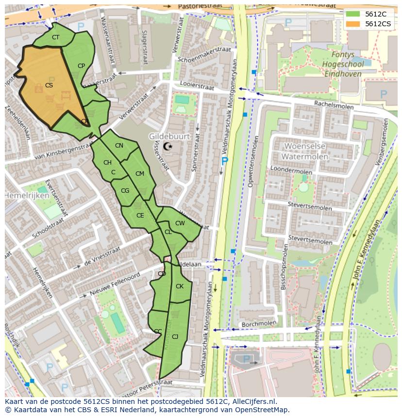 Afbeelding van het postcodegebied 5612 CS op de kaart.