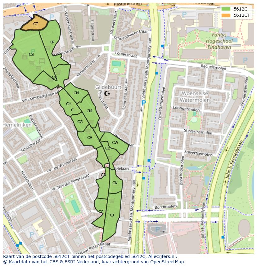 Afbeelding van het postcodegebied 5612 CT op de kaart.