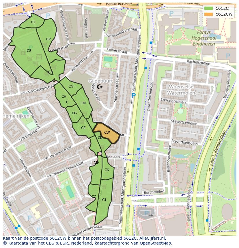 Afbeelding van het postcodegebied 5612 CW op de kaart.
