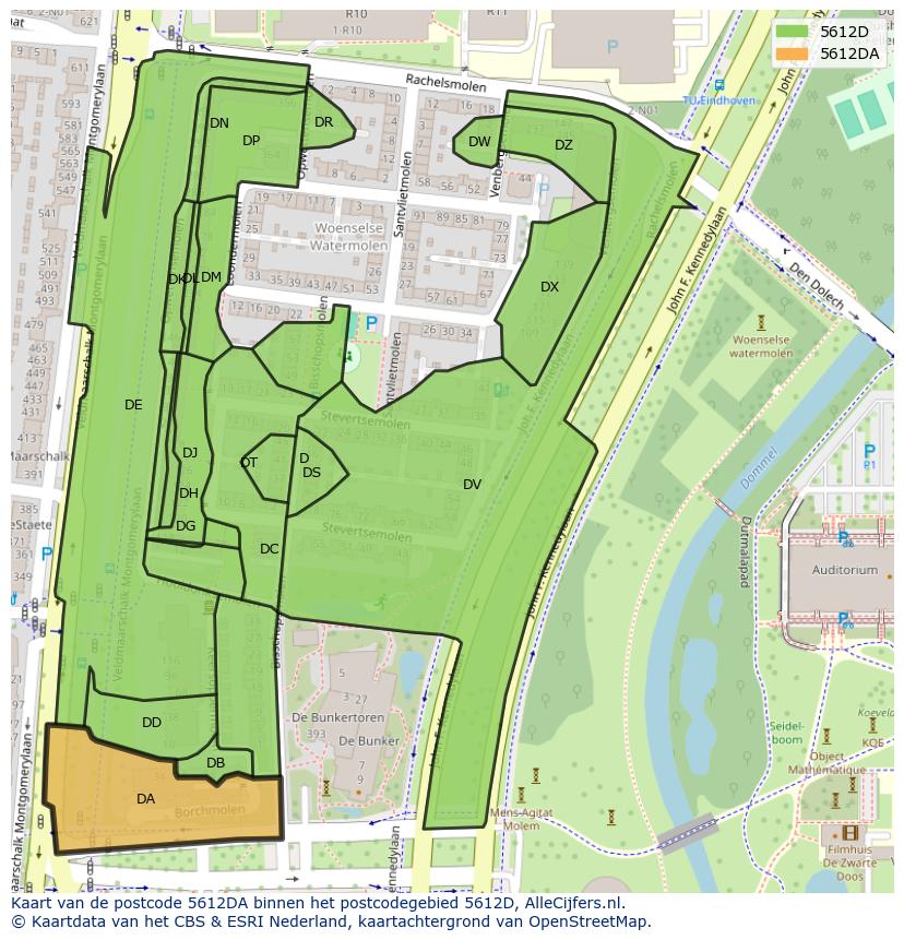 Afbeelding van het postcodegebied 5612 DA op de kaart.