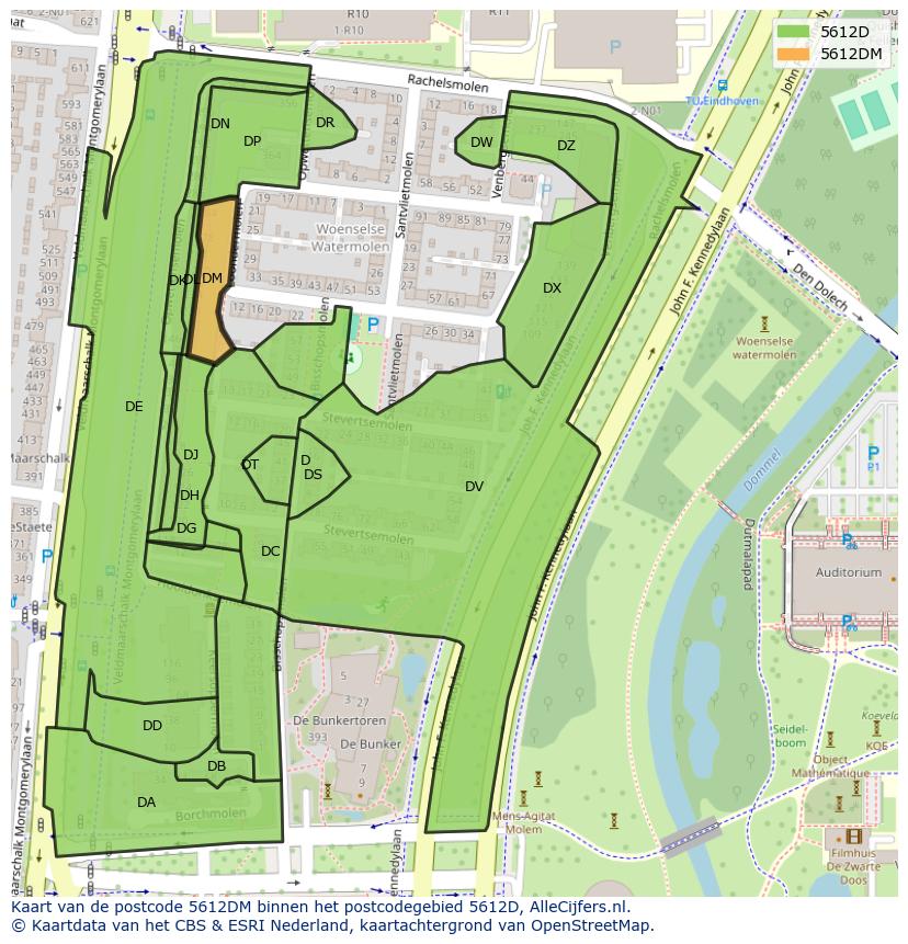 Afbeelding van het postcodegebied 5612 DM op de kaart.