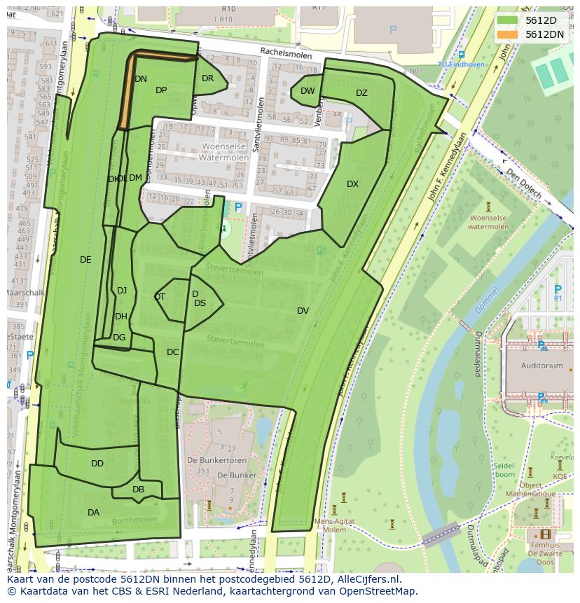 Afbeelding van het postcodegebied 5612 DN op de kaart.