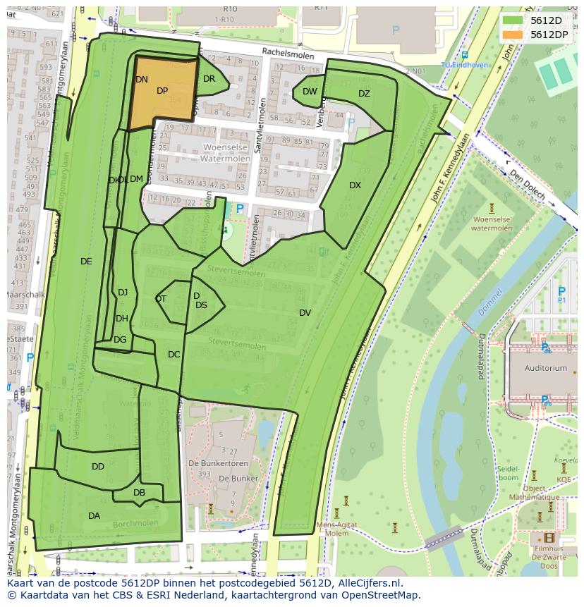 Afbeelding van het postcodegebied 5612 DP op de kaart.