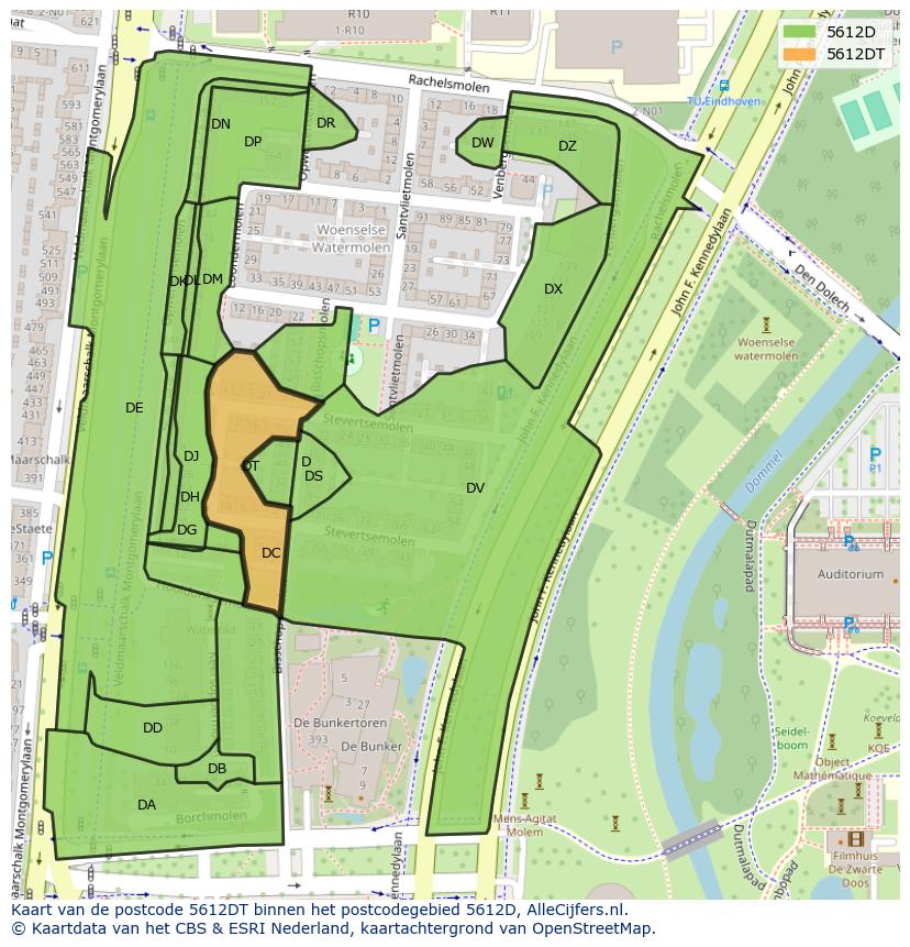 Afbeelding van het postcodegebied 5612 DT op de kaart.