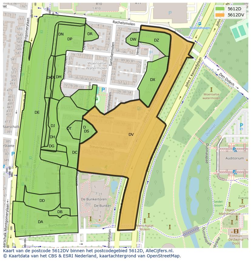 Afbeelding van het postcodegebied 5612 DV op de kaart.