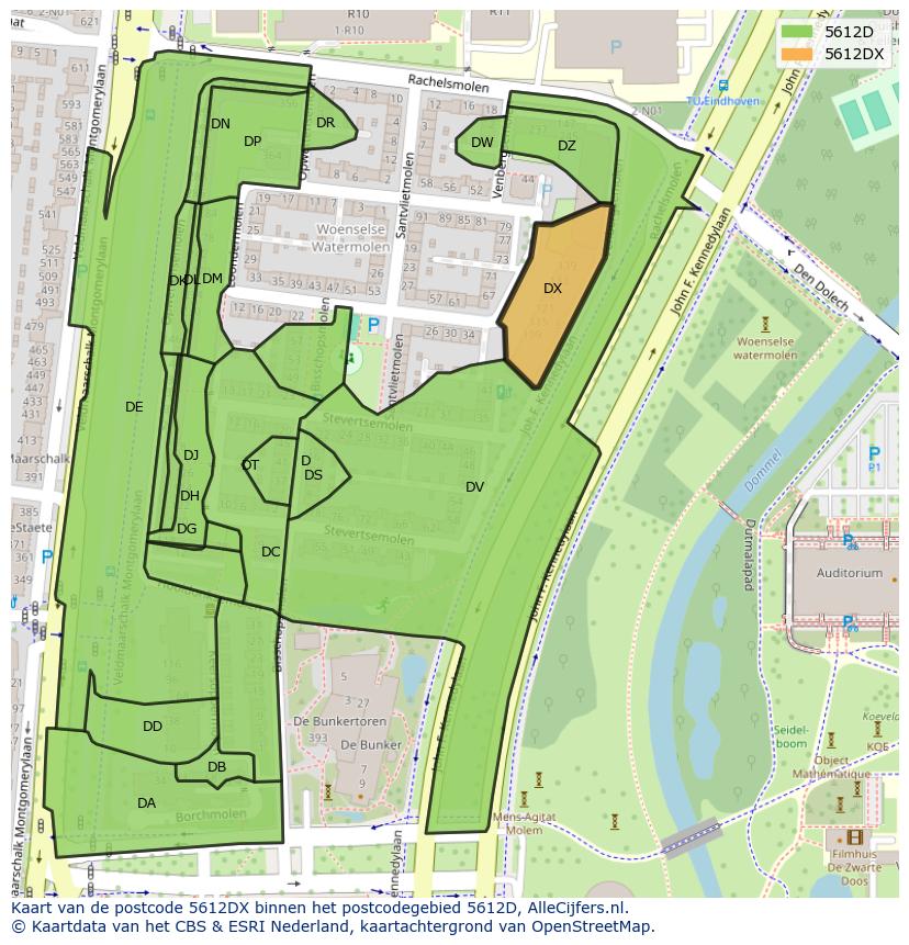 Afbeelding van het postcodegebied 5612 DX op de kaart.
