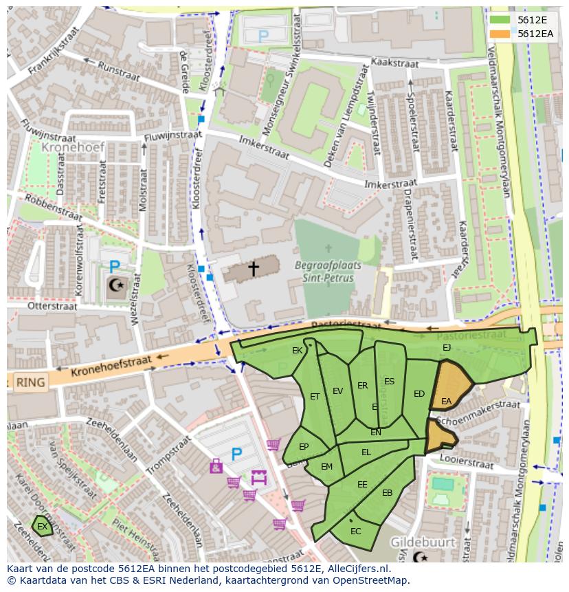 Afbeelding van het postcodegebied 5612 EA op de kaart.
