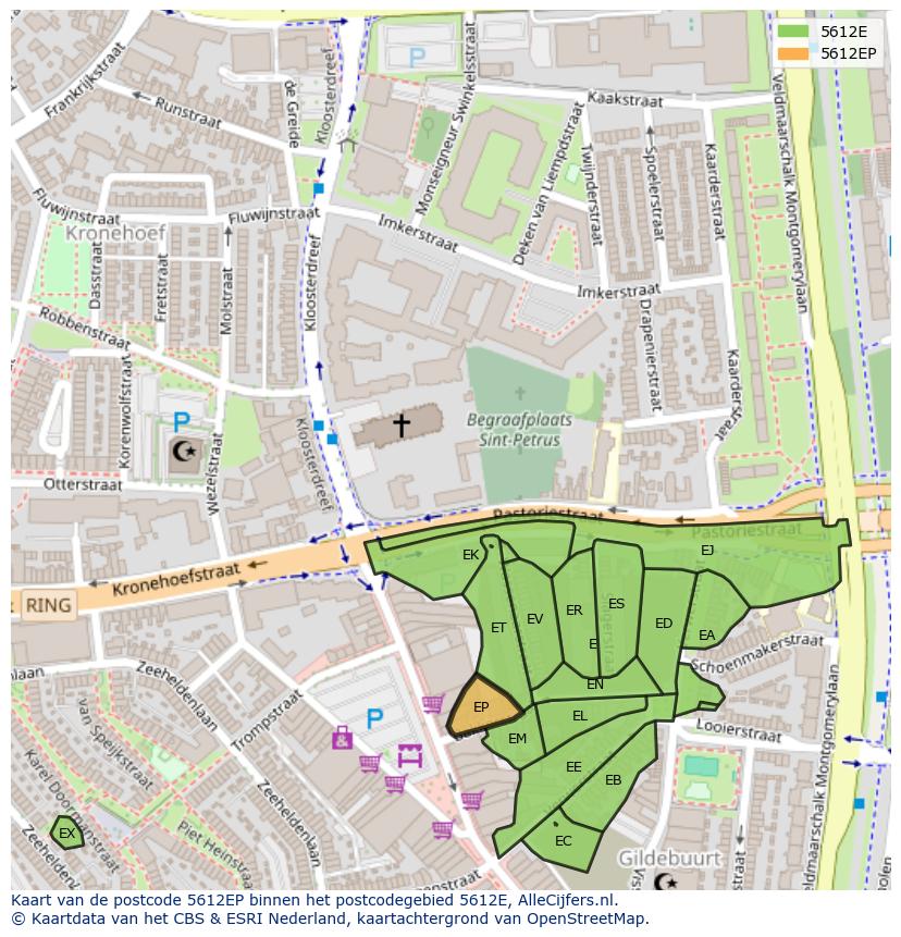 Afbeelding van het postcodegebied 5612 EP op de kaart.