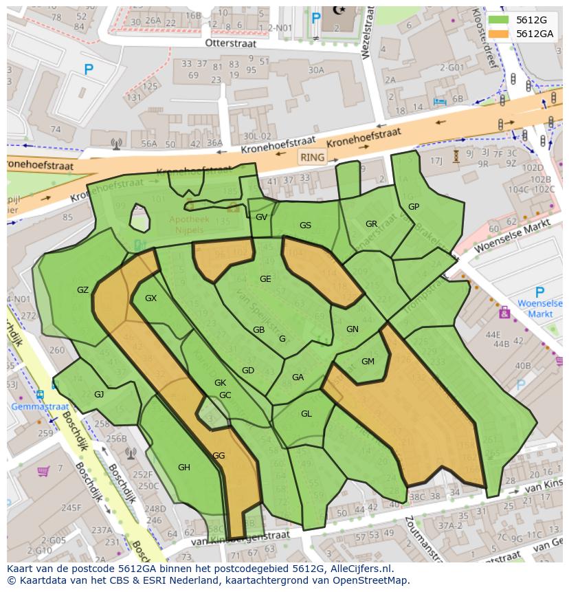 Afbeelding van het postcodegebied 5612 GA op de kaart.