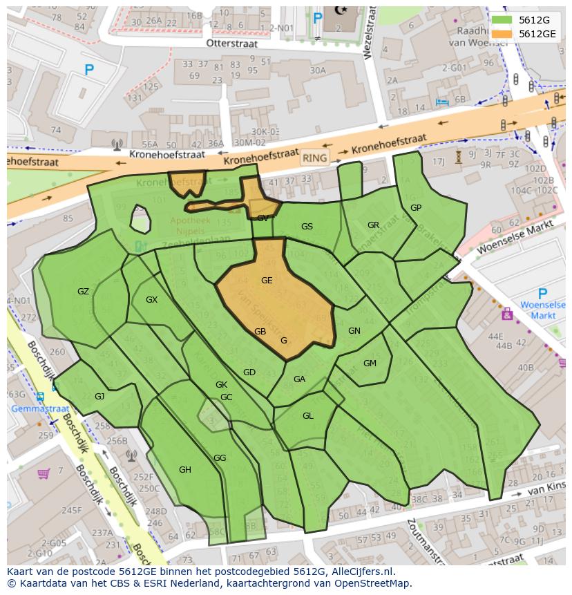 Afbeelding van het postcodegebied 5612 GE op de kaart.