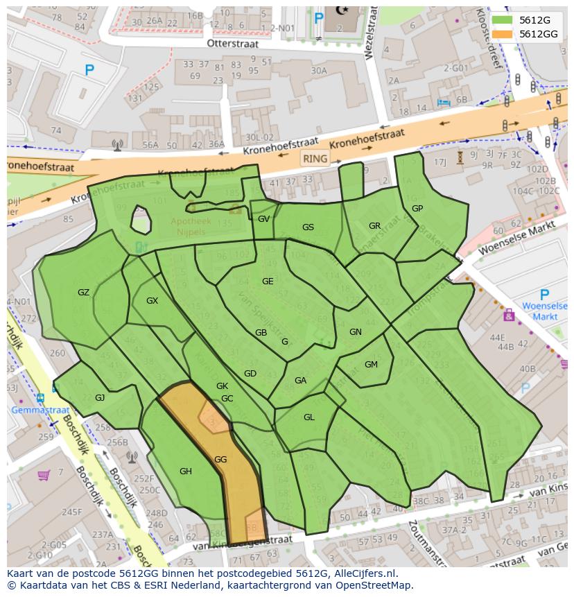Afbeelding van het postcodegebied 5612 GG op de kaart.