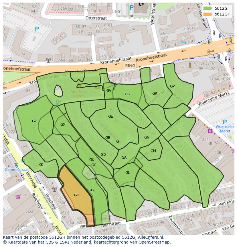 Afbeelding van het postcodegebied 5612 GH op de kaart.