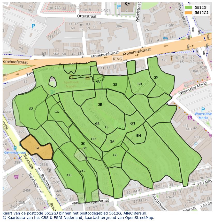 Afbeelding van het postcodegebied 5612 GJ op de kaart.