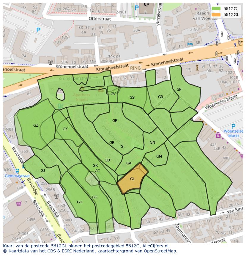 Afbeelding van het postcodegebied 5612 GL op de kaart.