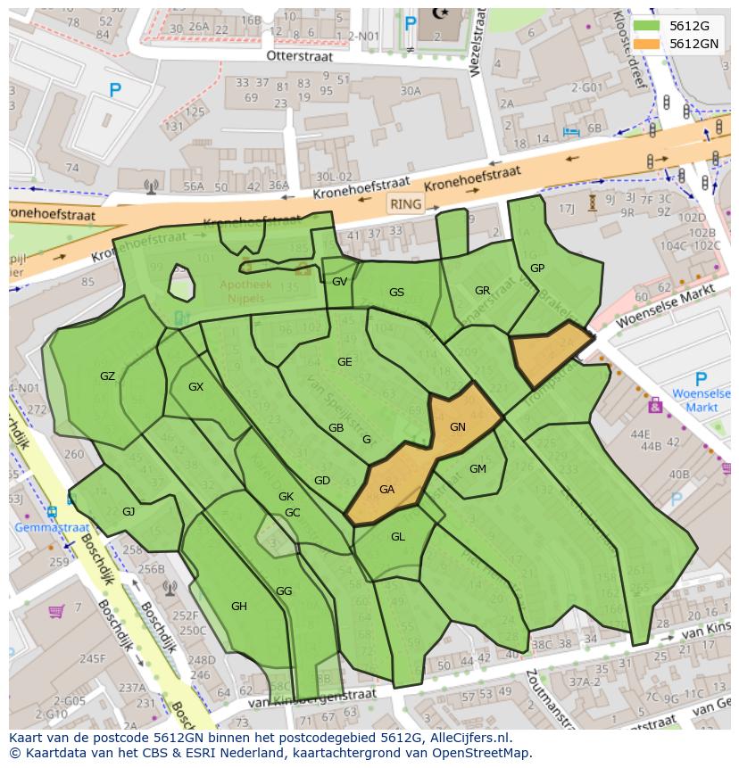 Afbeelding van het postcodegebied 5612 GN op de kaart.