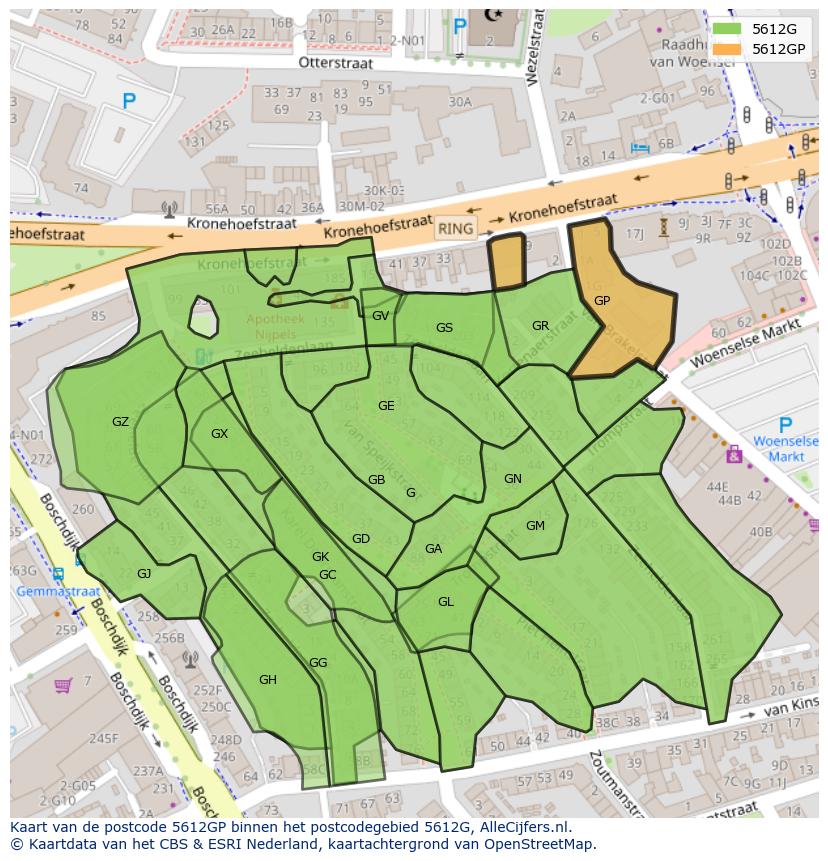 Afbeelding van het postcodegebied 5612 GP op de kaart.