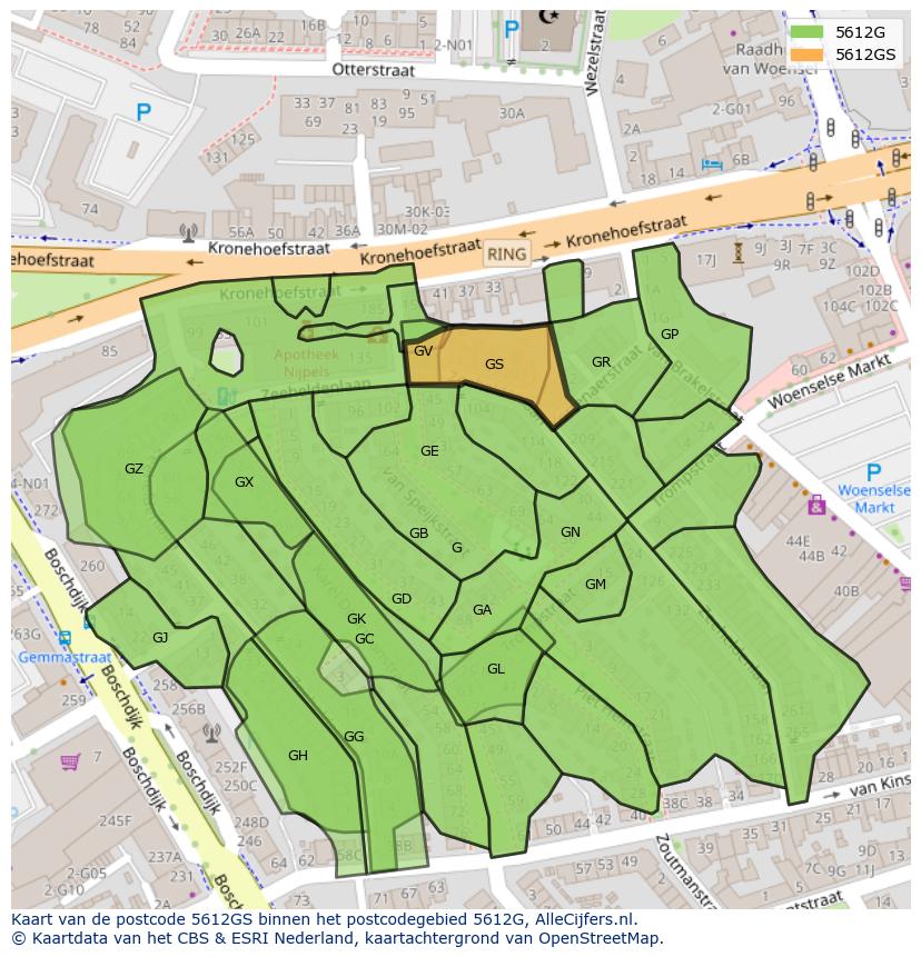 Afbeelding van het postcodegebied 5612 GS op de kaart.