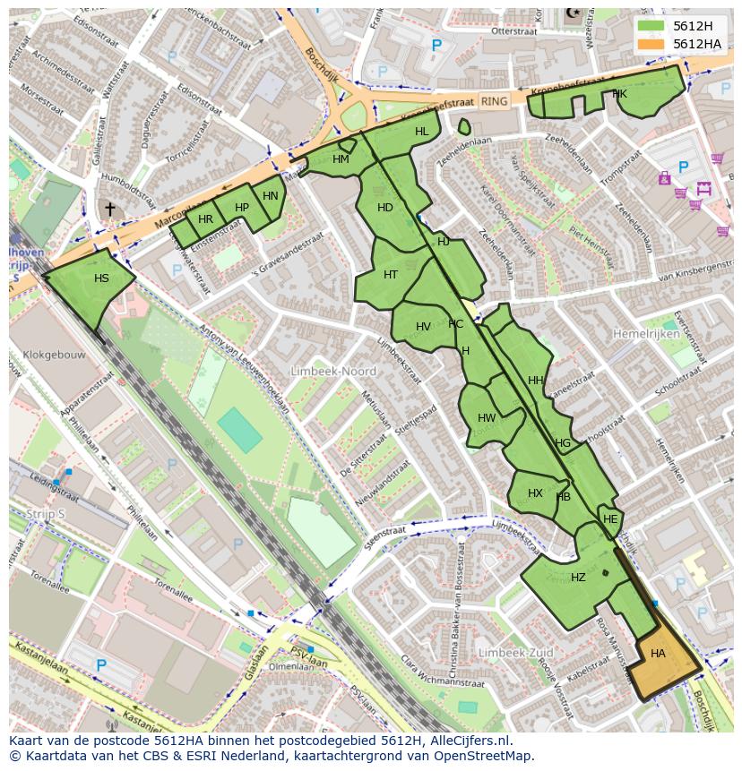 Afbeelding van het postcodegebied 5612 HA op de kaart.