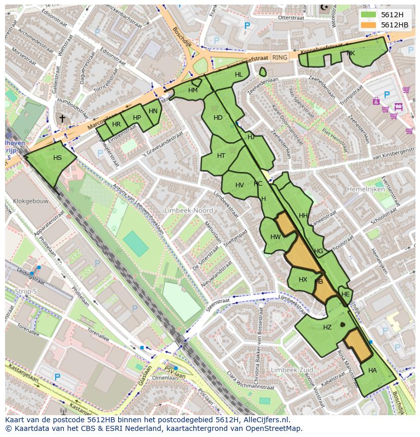 Afbeelding van het postcodegebied 5612 HB op de kaart.
