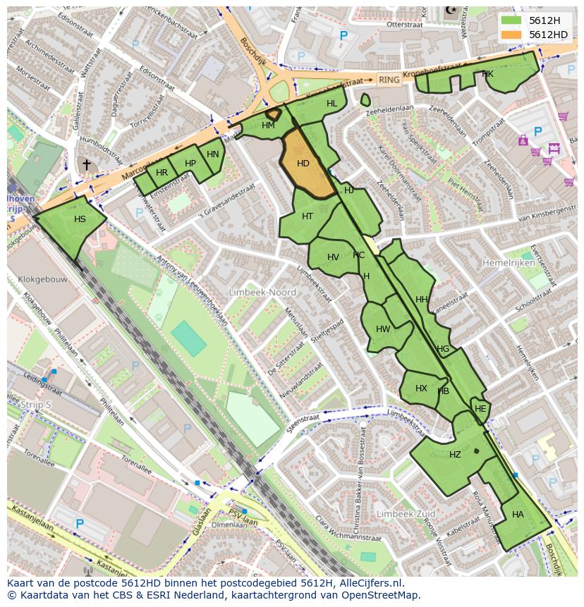Afbeelding van het postcodegebied 5612 HD op de kaart.