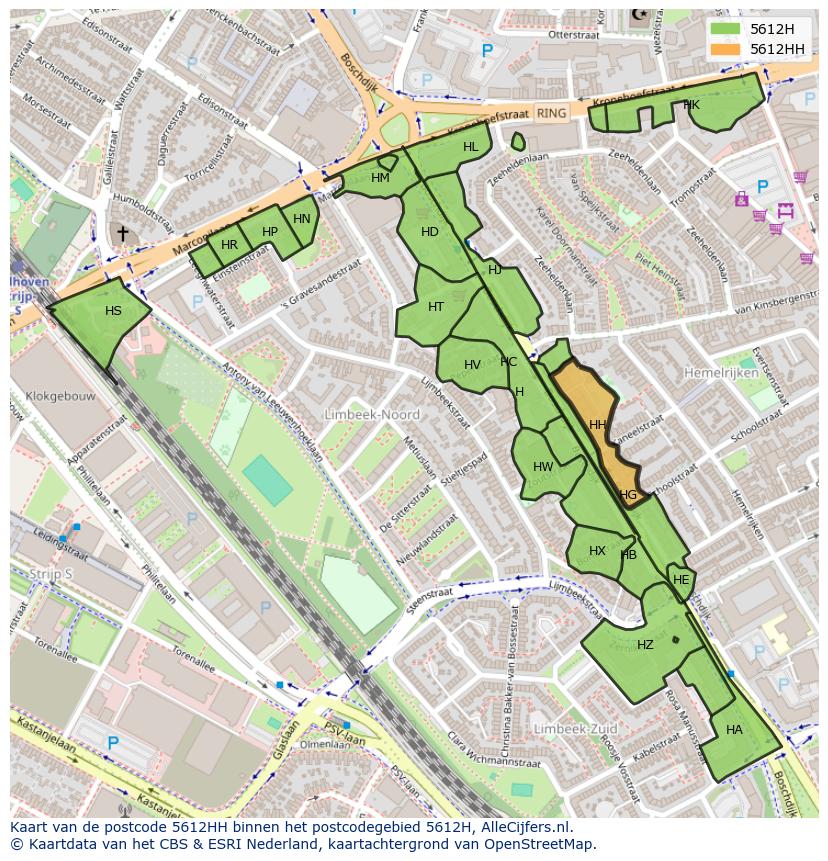 Afbeelding van het postcodegebied 5612 HH op de kaart.