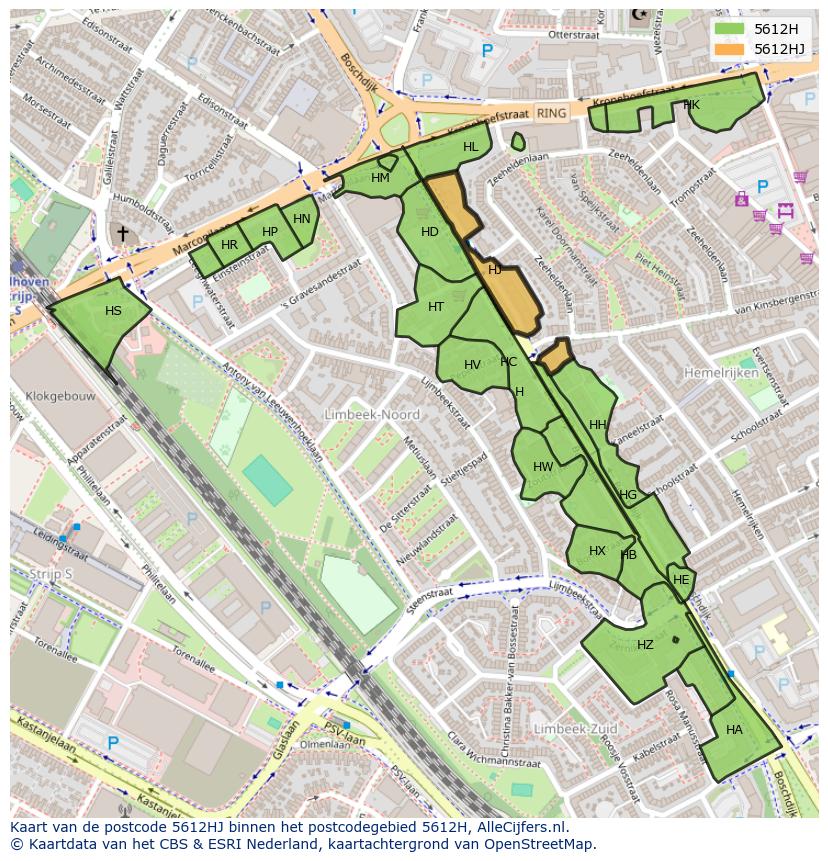 Afbeelding van het postcodegebied 5612 HJ op de kaart.