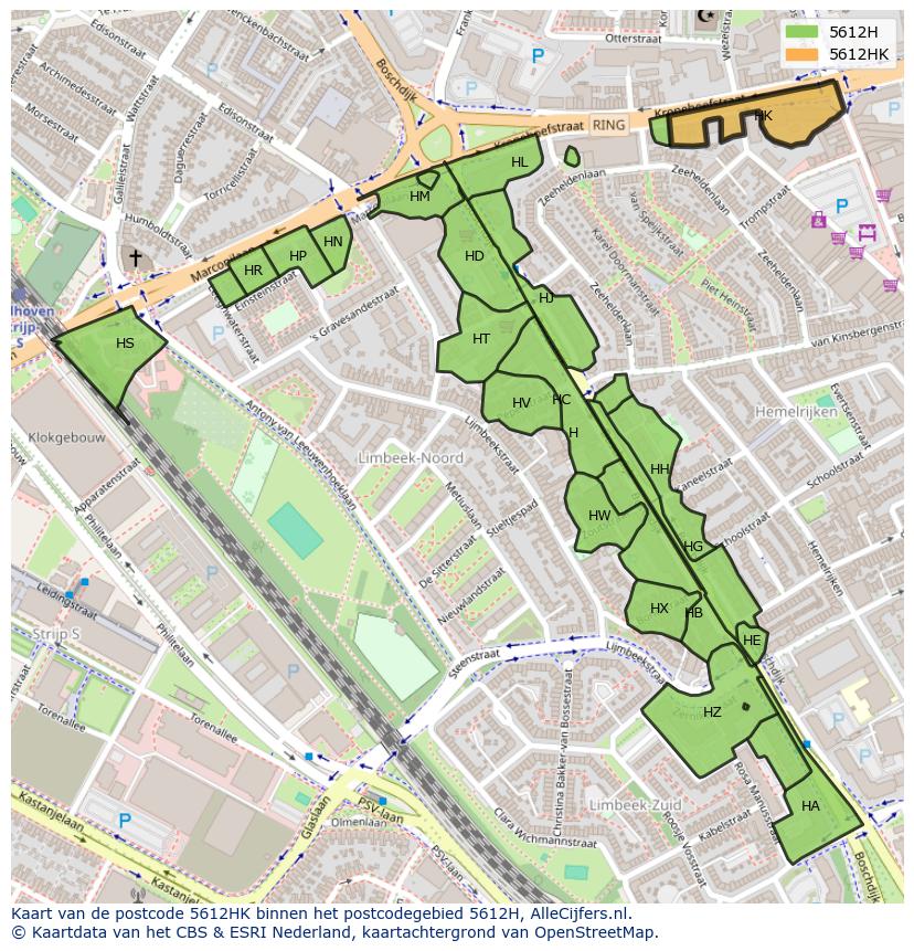 Afbeelding van het postcodegebied 5612 HK op de kaart.