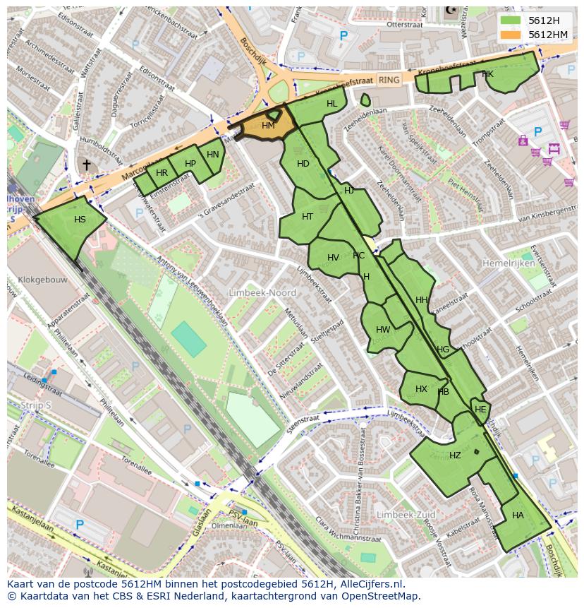 Afbeelding van het postcodegebied 5612 HM op de kaart.