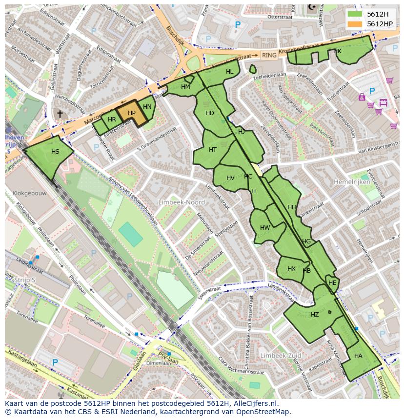 Afbeelding van het postcodegebied 5612 HP op de kaart.