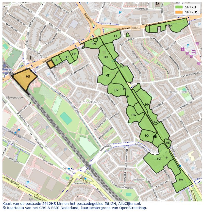 Afbeelding van het postcodegebied 5612 HS op de kaart.
