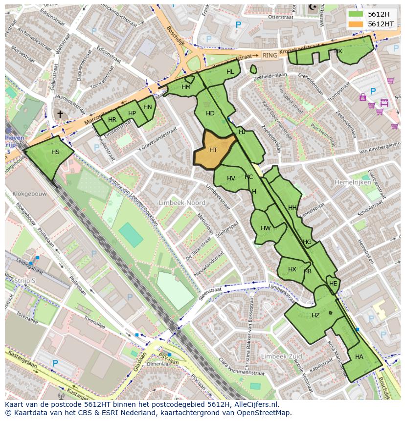 Afbeelding van het postcodegebied 5612 HT op de kaart.