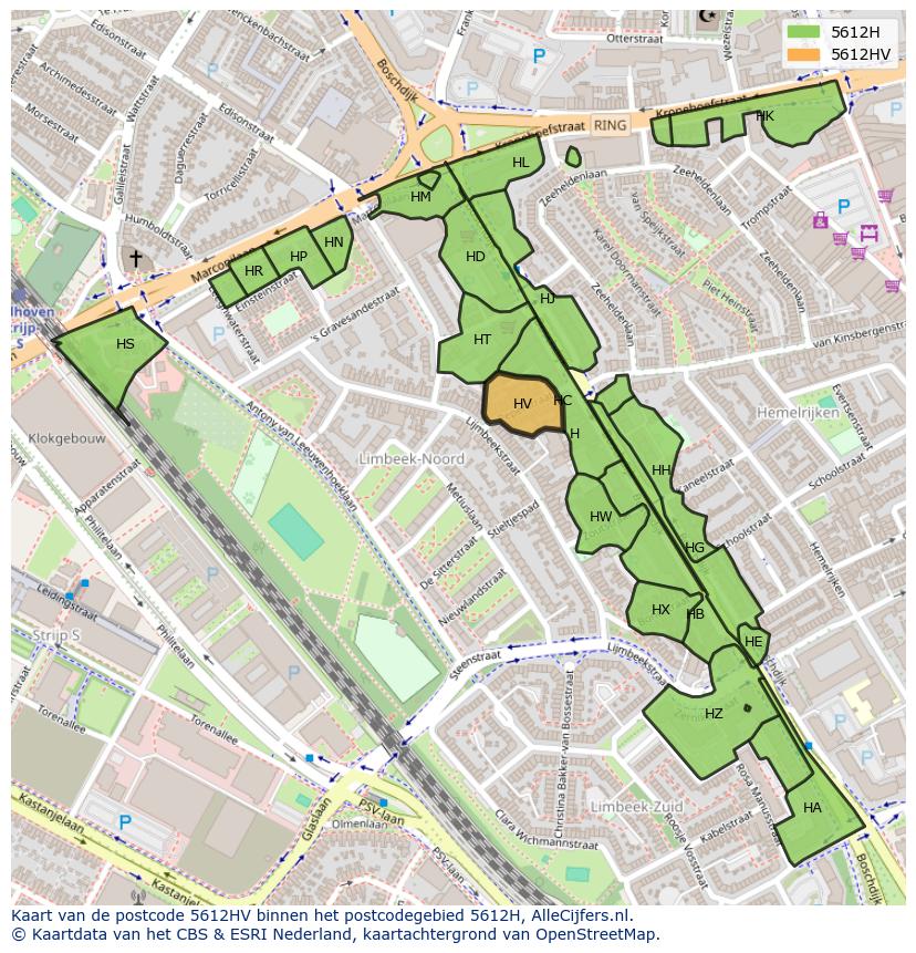 Afbeelding van het postcodegebied 5612 HV op de kaart.