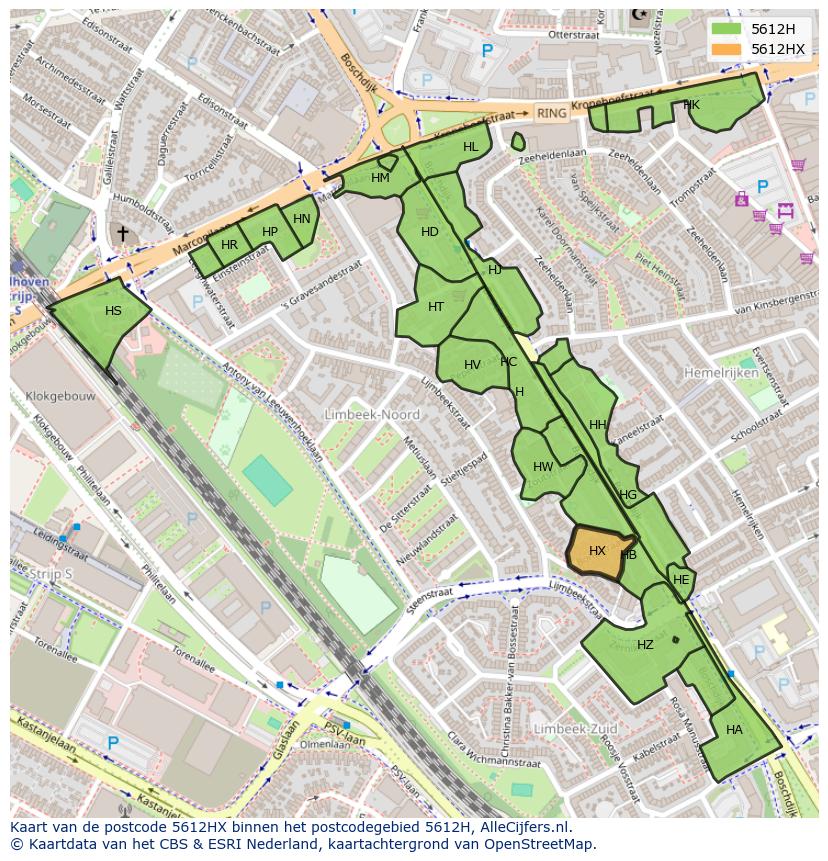 Afbeelding van het postcodegebied 5612 HX op de kaart.