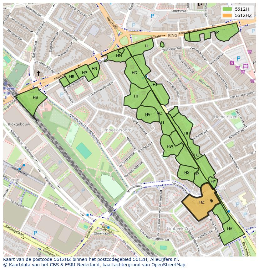 Afbeelding van het postcodegebied 5612 HZ op de kaart.