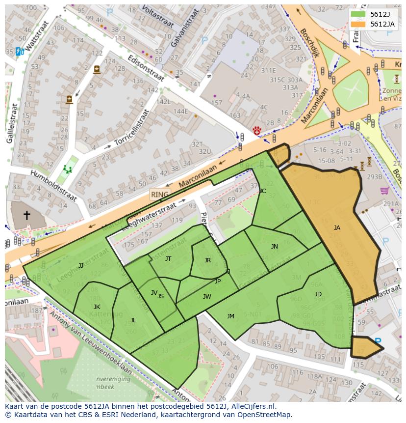 Afbeelding van het postcodegebied 5612 JA op de kaart.
