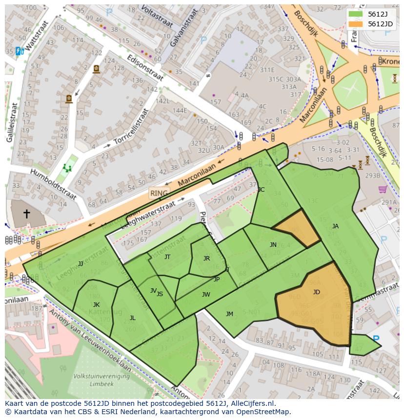 Afbeelding van het postcodegebied 5612 JD op de kaart.