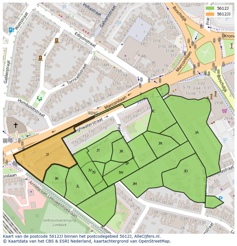 Afbeelding van het postcodegebied 5612 JJ op de kaart.