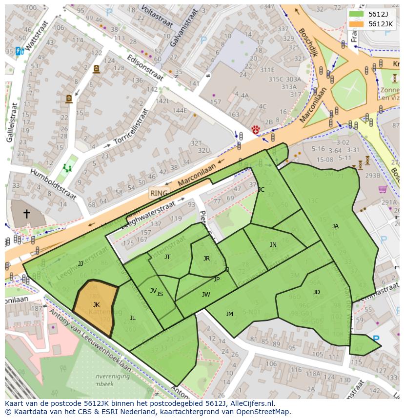 Afbeelding van het postcodegebied 5612 JK op de kaart.
