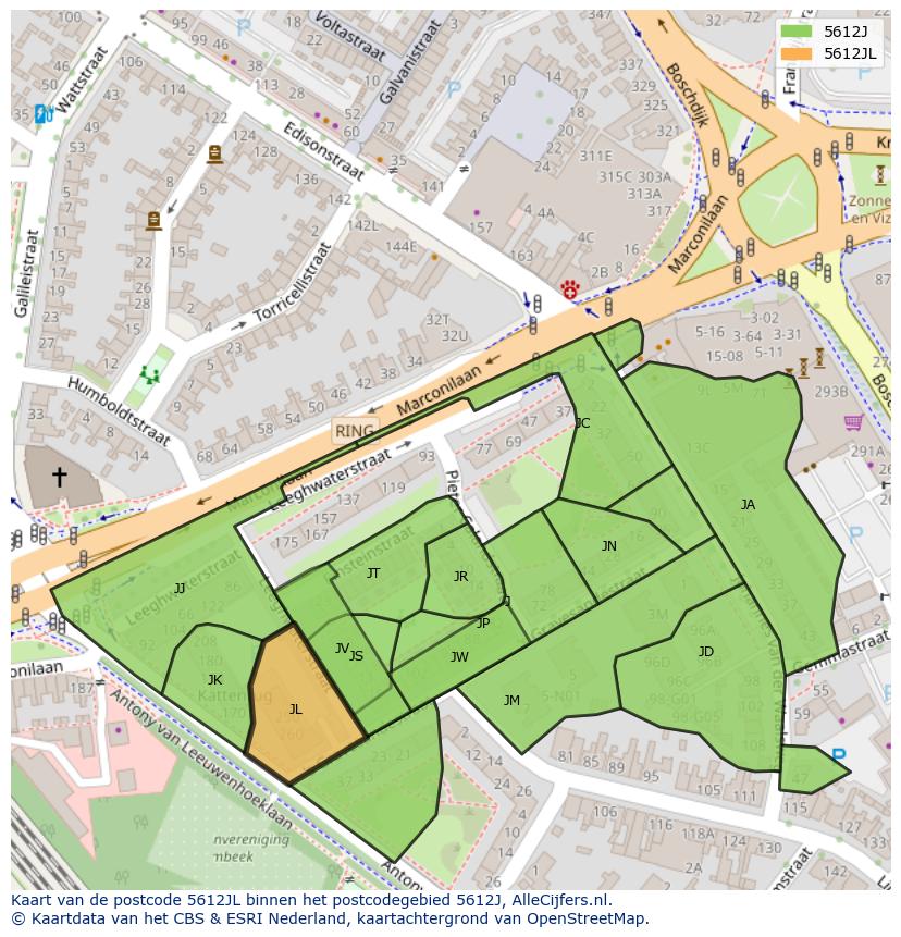 Afbeelding van het postcodegebied 5612 JL op de kaart.